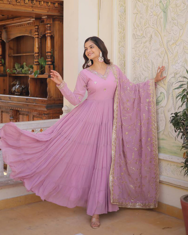 Laveneder Color Faux Georgette Designer Anarkali Gown With Dupatta