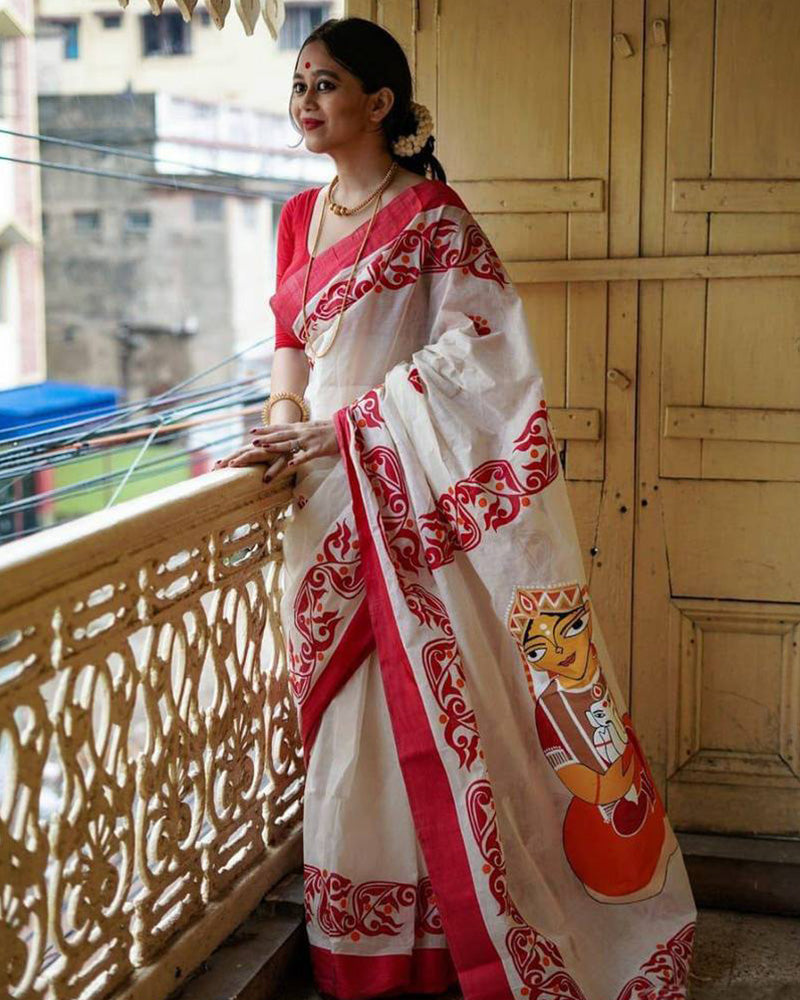 White And Red Color Banarasi Soft Silk Saree