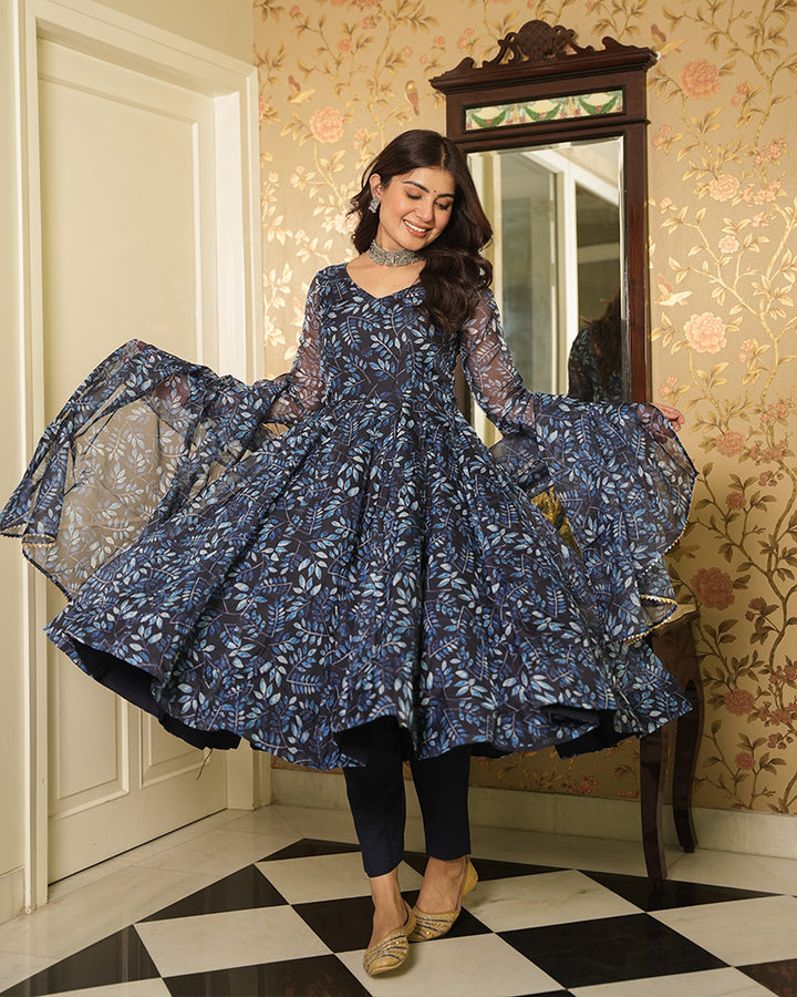 Navy Blue Color Printed Tebby Organza Three Piece Anarkali Suit