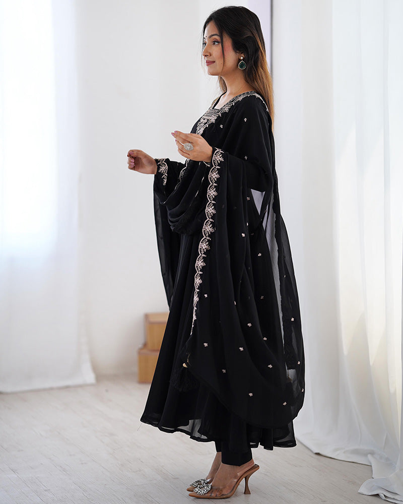 Black Color Georgette Embroidered Three Piece Anarkali Suit