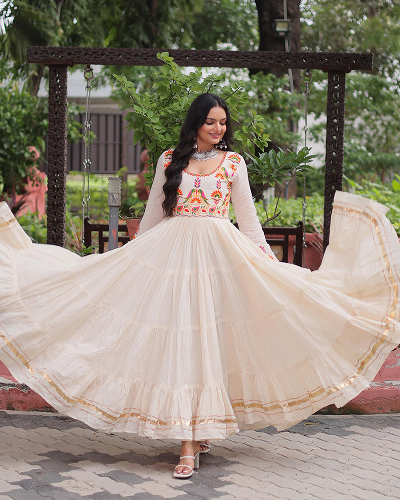 Off-White Kora Cotton Mirror-Embroidered Flared Navratri Gown