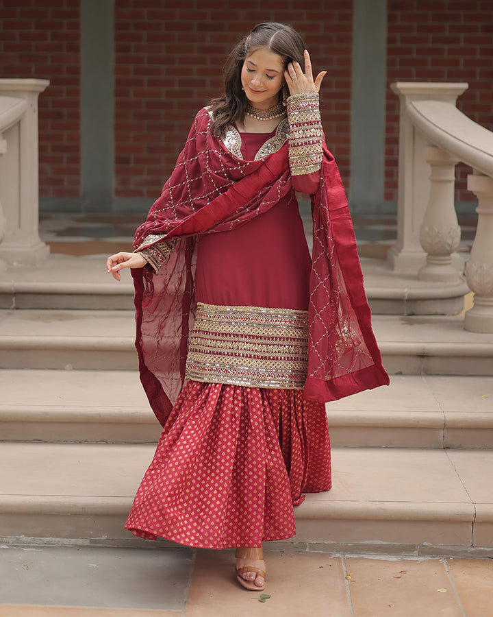 Maroon Color Georgette And Jacquard Sharara Suit