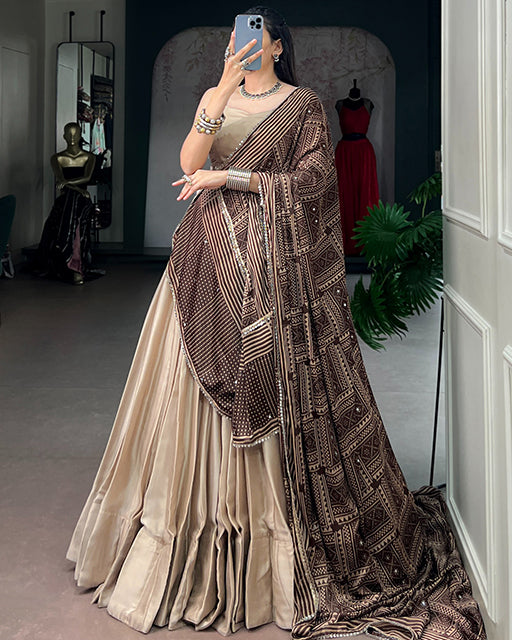 Cream Color Monga Silk Navratri Lehenga Choli