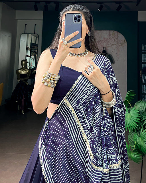 Navy Color Monga Silk Navratri Lehenga Choli
