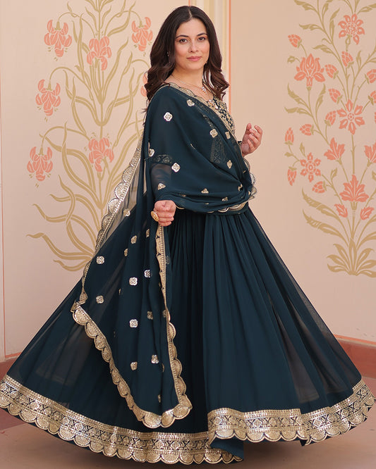 Designer Rama Blue Anarkali Gown with Golden Embroidery