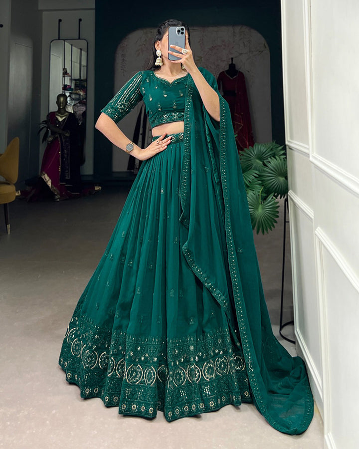 Bottle Green Color Georgette Thread Embroidered Lehenga Choli