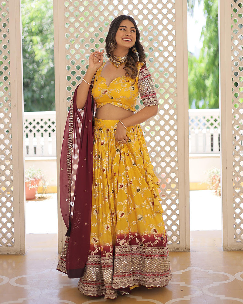 Yellow Color Pure Viscose Jacquard Lehenga Choli