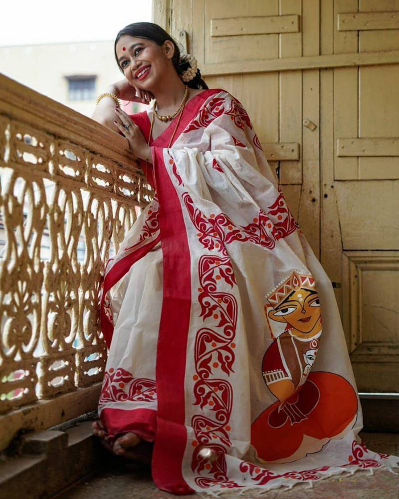 White And Red Color Banarasi Soft Silk Saree