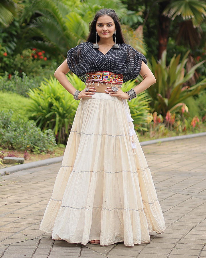 White Color Kora Cotton Lehenga With Black Choli