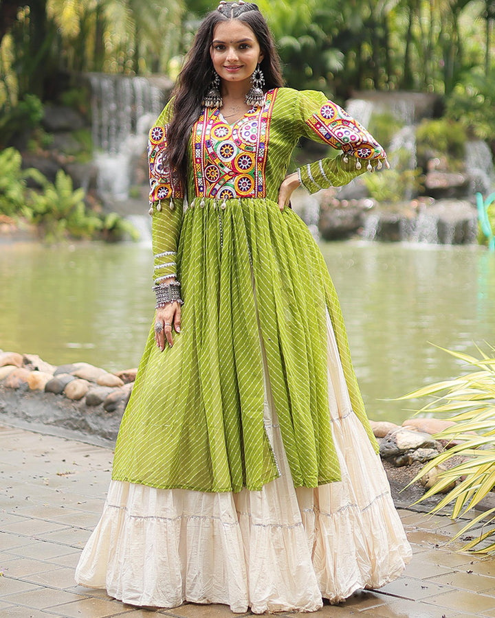 White Color Kora Cotton Lehenga With Parrot Green Kurti