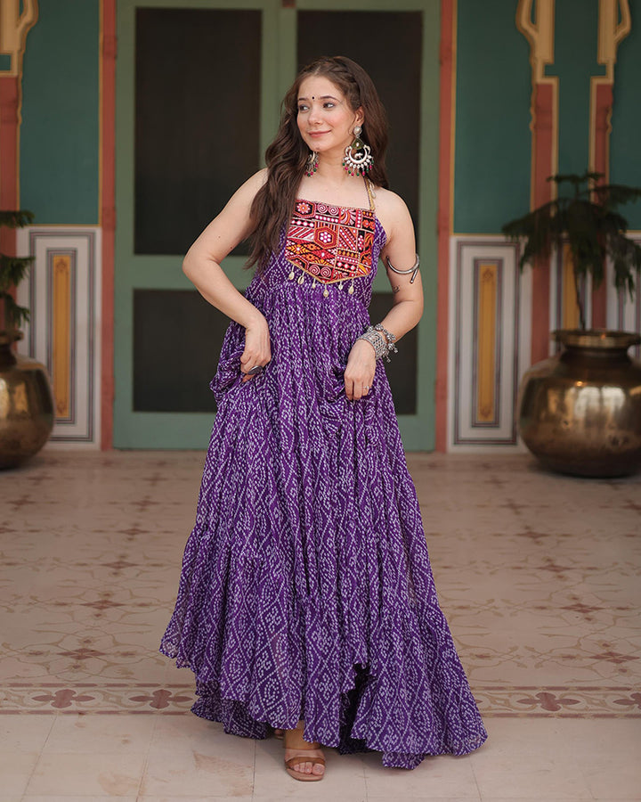 Purple Color Georgette Bandhej Print Navratri Gown