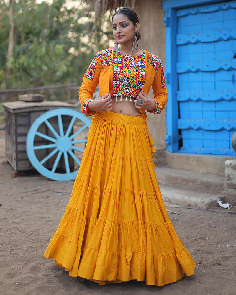 Mustard Color Rayon Embroidered Navratri Lehenga Choli