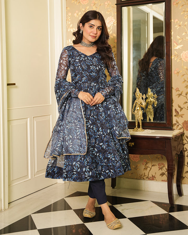 Navy Blue Color Printed Tebby Organza Three Piece Anarkali Suit