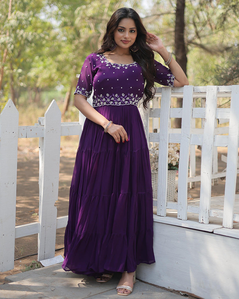 Purple Color Faux Blooming Embroidered Anarkali Gown