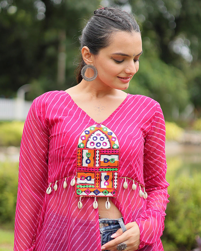 Rani Pink Color Georgette Laheriya Print Navratri Kurti