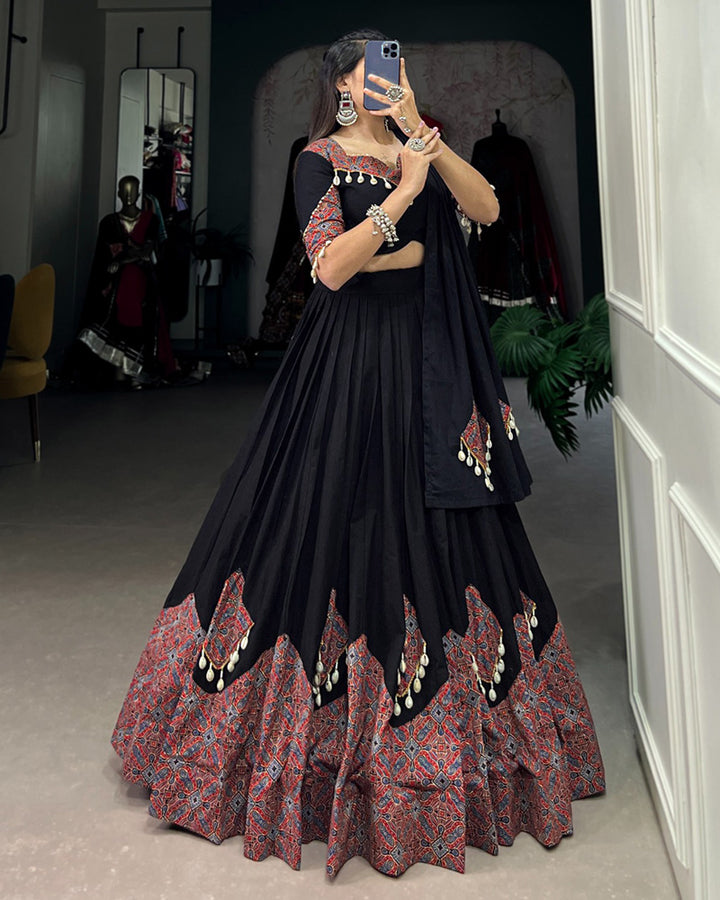 Black Color Cotton Printed With Cowrie Lehenga Choli