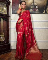 Red Color Big Flower Design Banarasi Soft Silk Saree