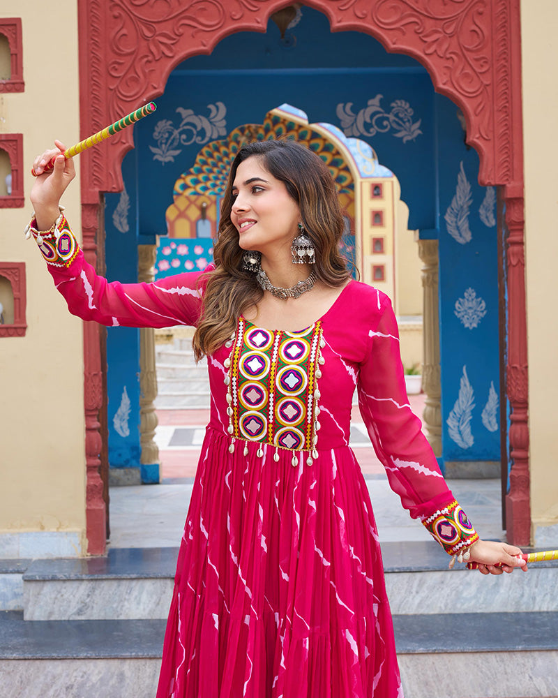 Rani Pink Color Georgette Laheriya Print Navratri Gown