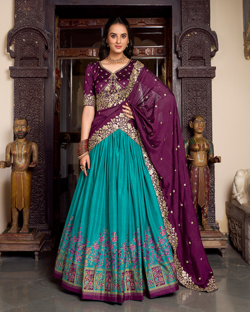 Firozi Color Tussar Silk Printed And Foil Work Lehenga Choli
