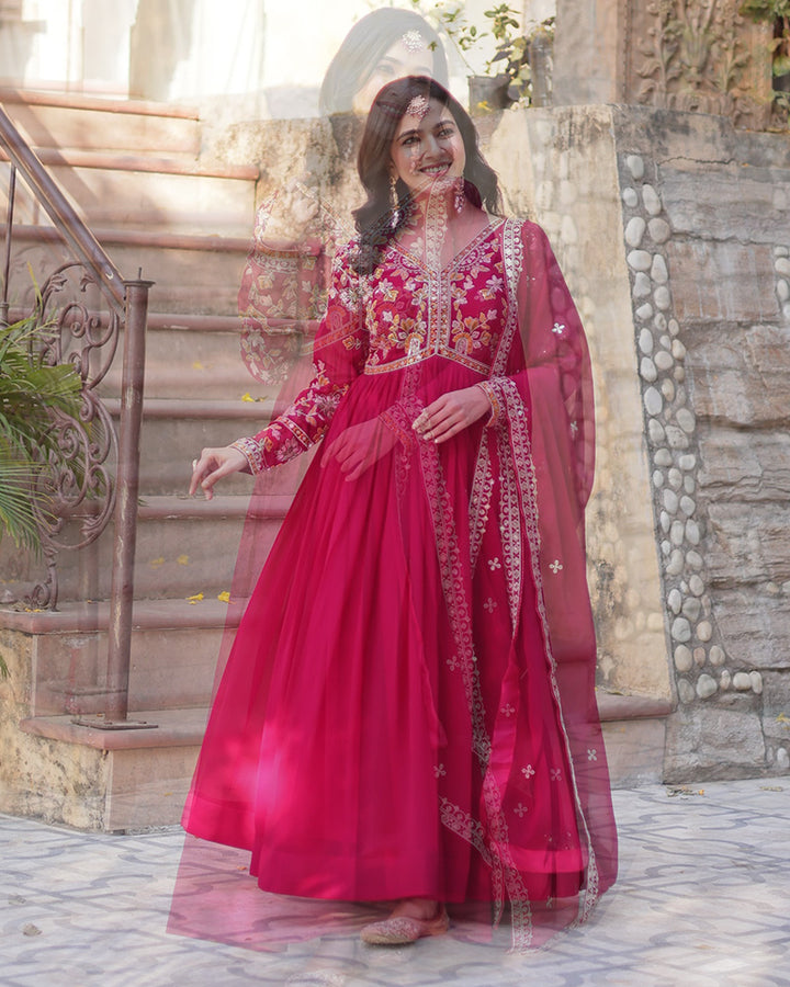 Rani Pink Color Faux Blooming Zari Embroidered Work Gown