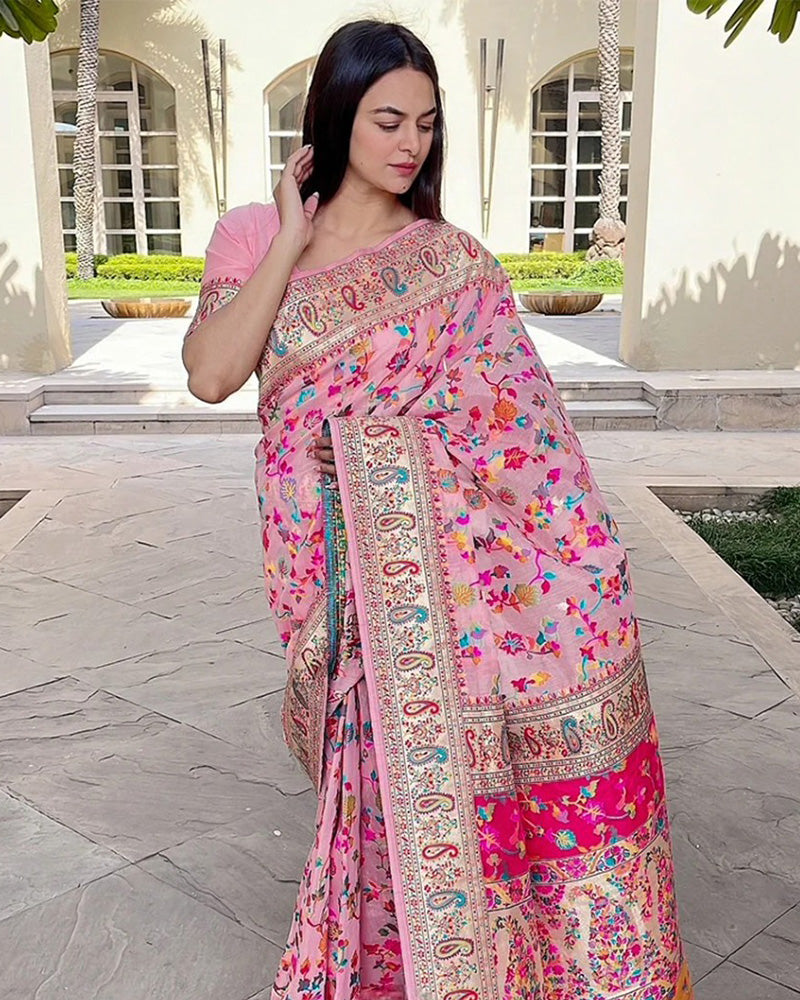 Baby Pink Color Banarasi Kashmiri Pashmina Saree