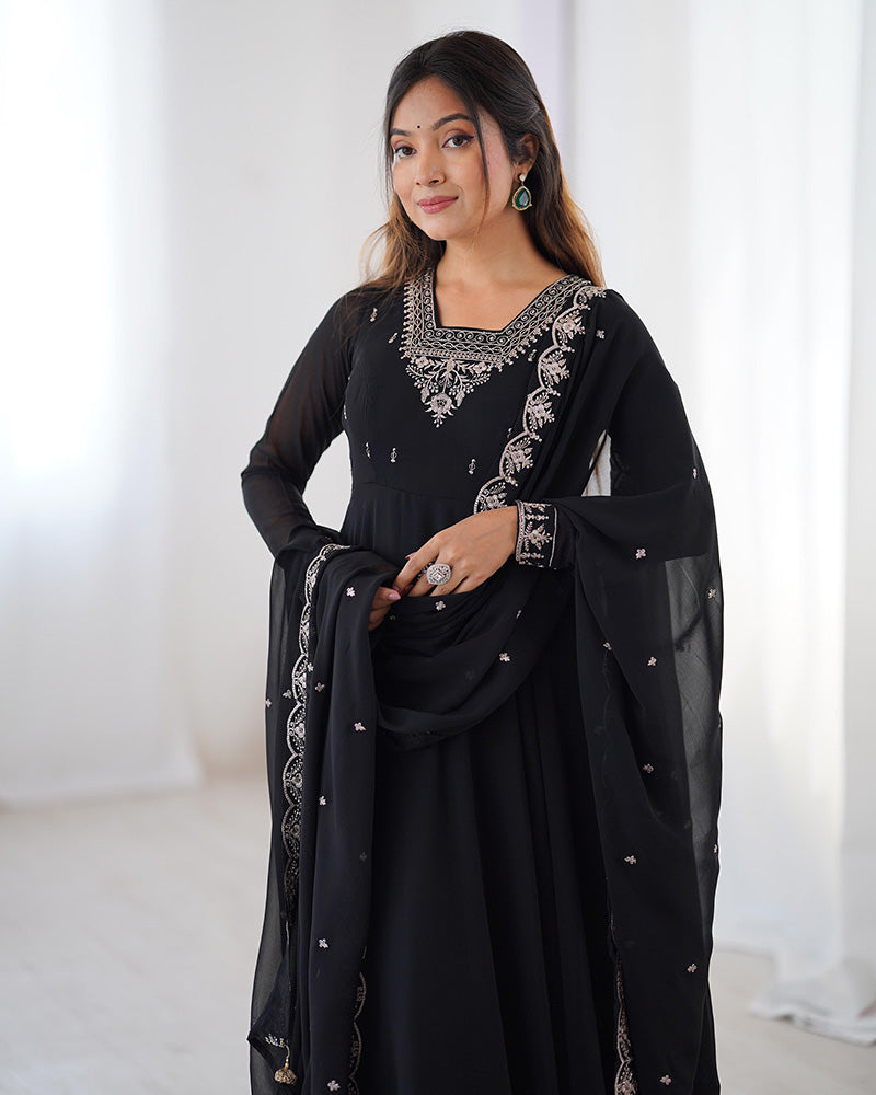 Black Color Georgette Embroidered Three Piece Anarkali Suit