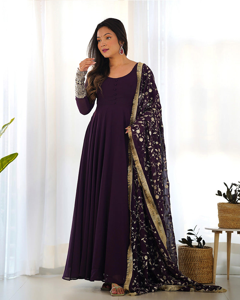 Wine Color Soft Georgette With Heavy Embroidery Work Dupatta Anarkali Suit