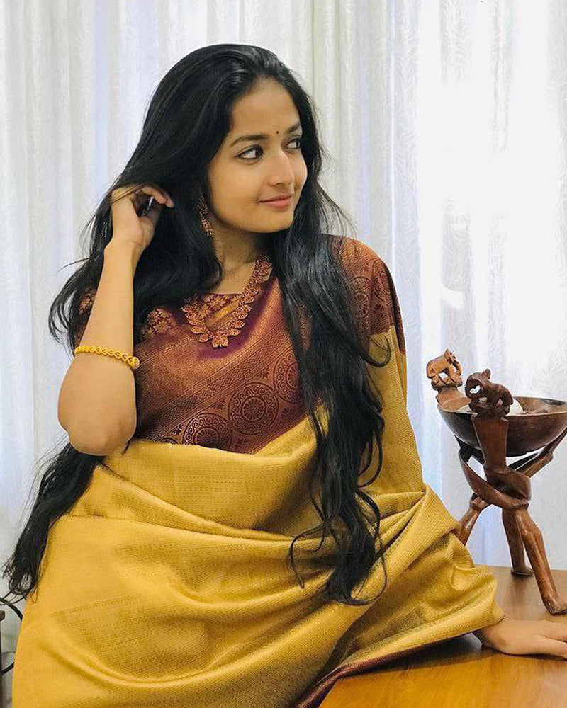 Beautiful Mustard Yellow Color Banarasi Soft Silk Saree