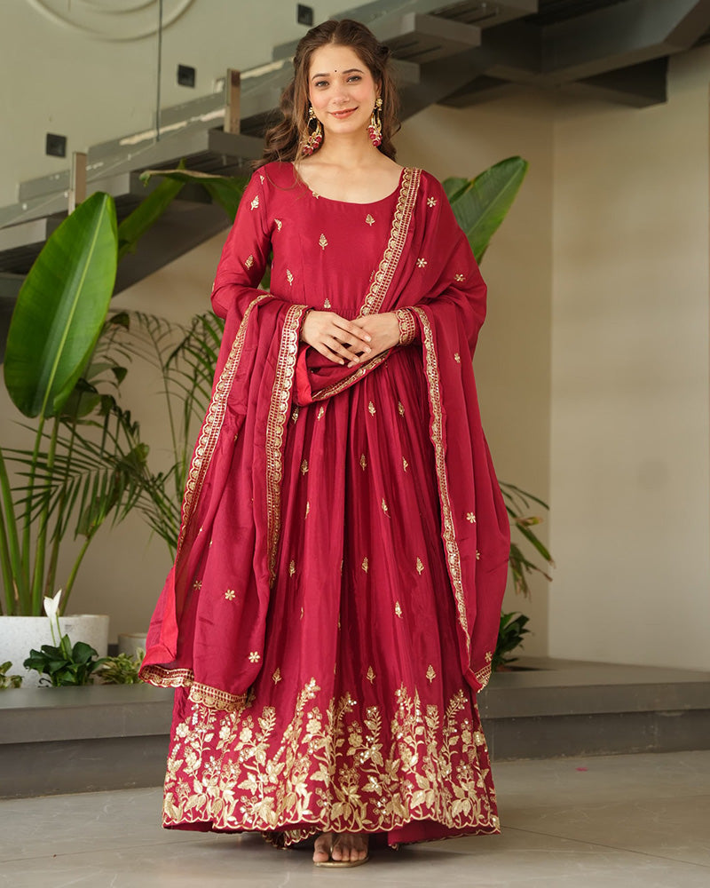 Red Color Chinnon Sequence Embroidered Gown