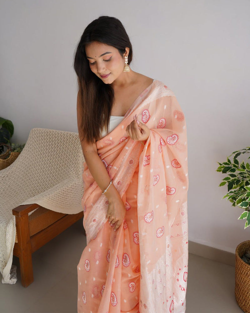 Beautiful Peach Color Soft Cotton Saree