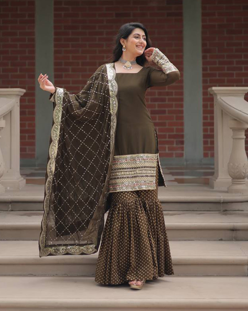 Mehndi Color Georgette And Jacquard Sharara Suit