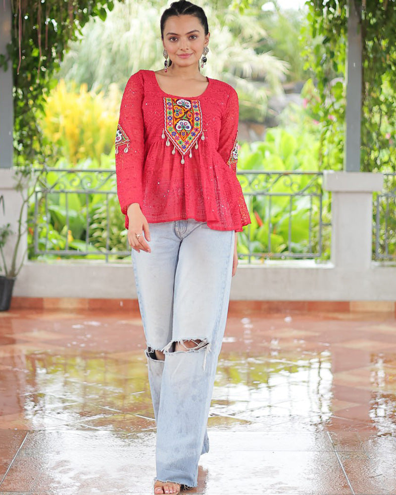 Pink Color Georgette Schiffli Work Navratri Kediya