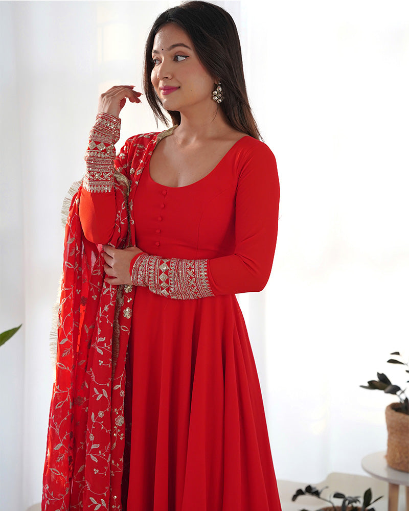 Simple Plain Red Frock Suit Georgette Anarkali Gown Red Gown With