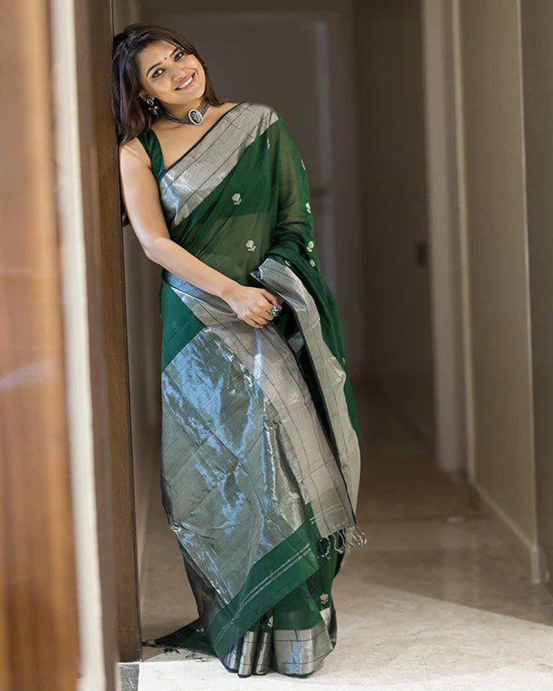 Dark Green Soft Linen Cotton silk Saree