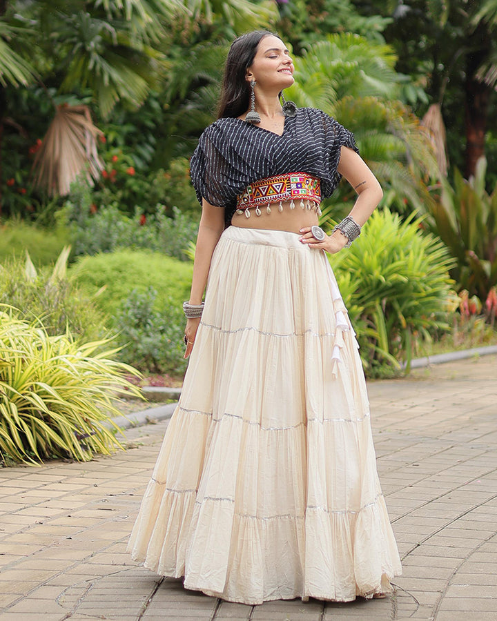 White Color Kora Cotton Lehenga With Black Choli