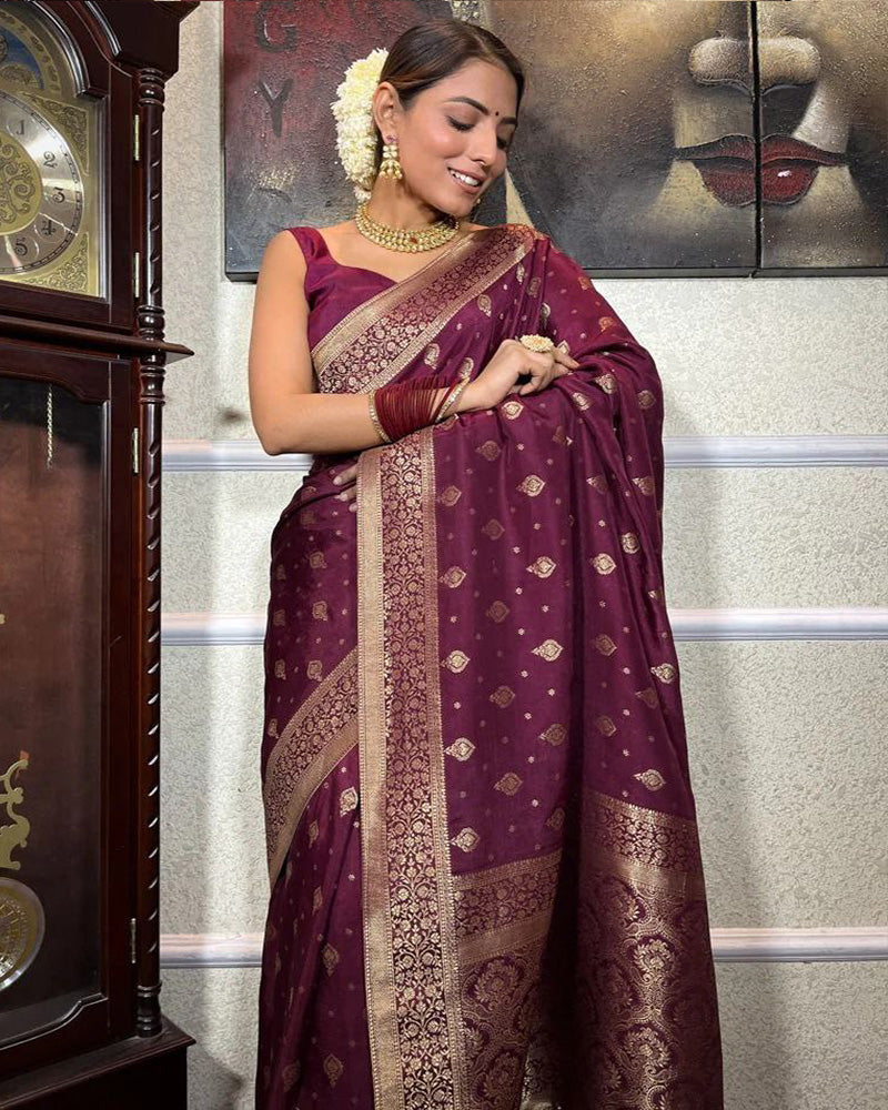 Wine Color Small Butti Design Banarasi Soft Silk Saree