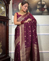 Wine Color Small Butti Design Banarasi Soft Silk Saree