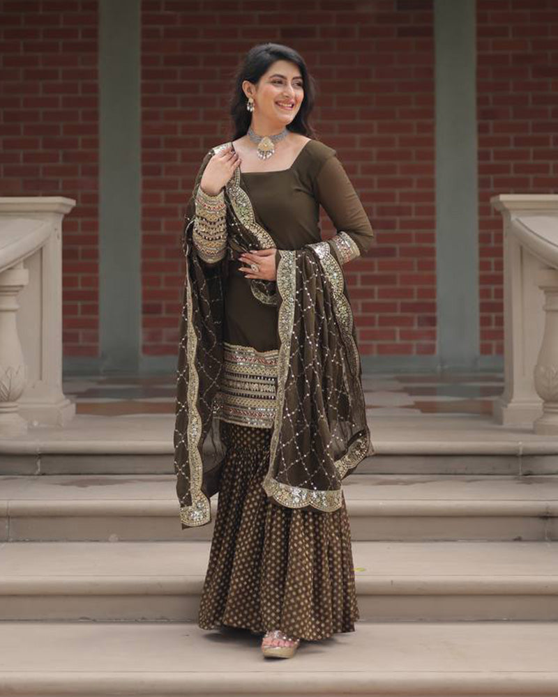 Mehndi Color Georgette And Jacquard Sharara Suit