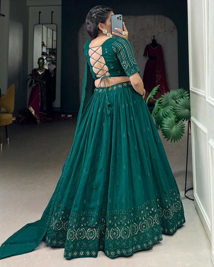 Bottle Green Color Georgette Thread Embroidered Lehenga Choli