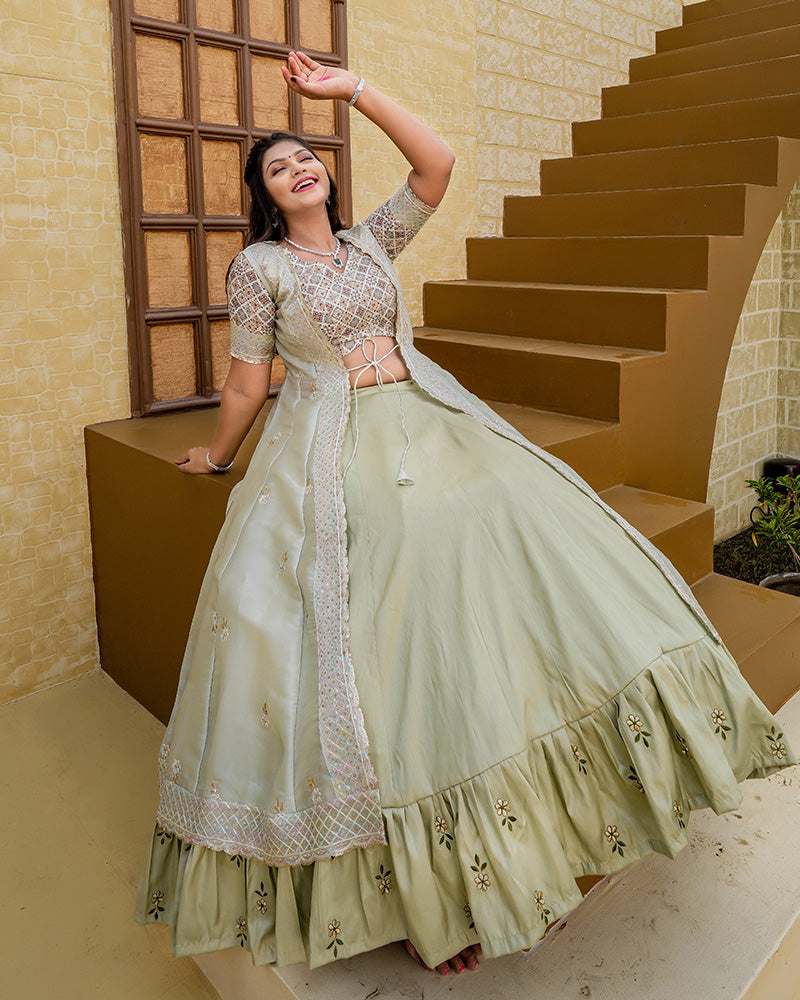 Western Style Pista Color Joya Silk Embroidered Lehenga Choli