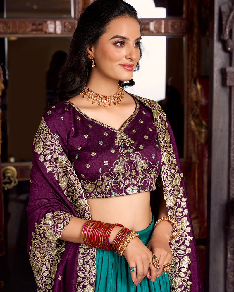 Firozi Color Tussar Silk Printed And Foil Work Lehenga Choli