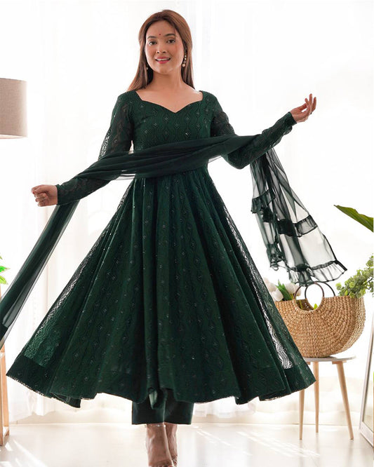 Green Color Georgette Lucknowi Three Piece Anarkali Suit