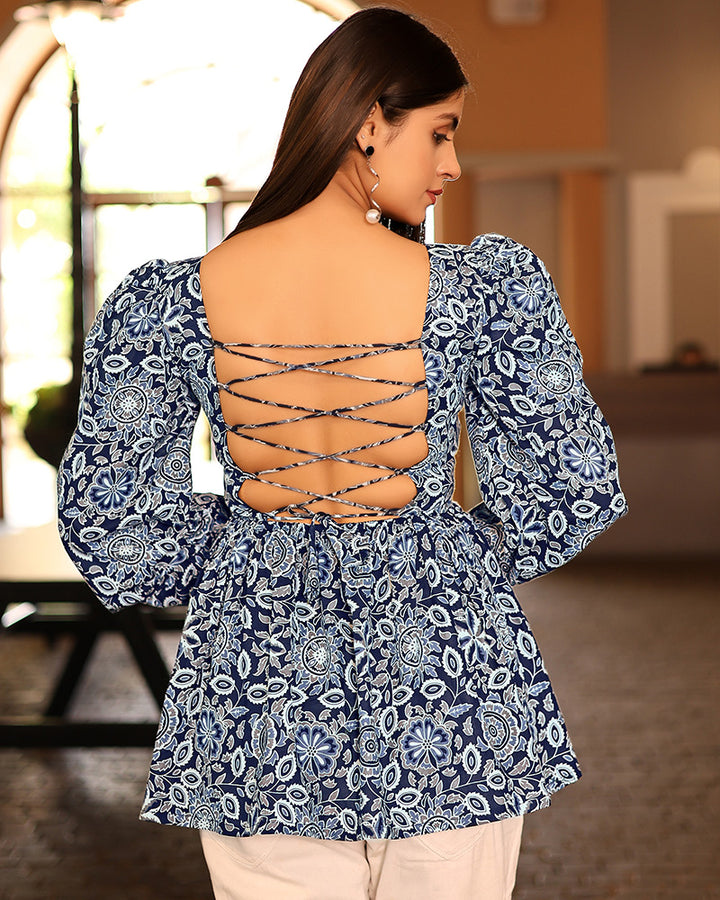 Blue Color Pure Cotton Floral Printed Tunic