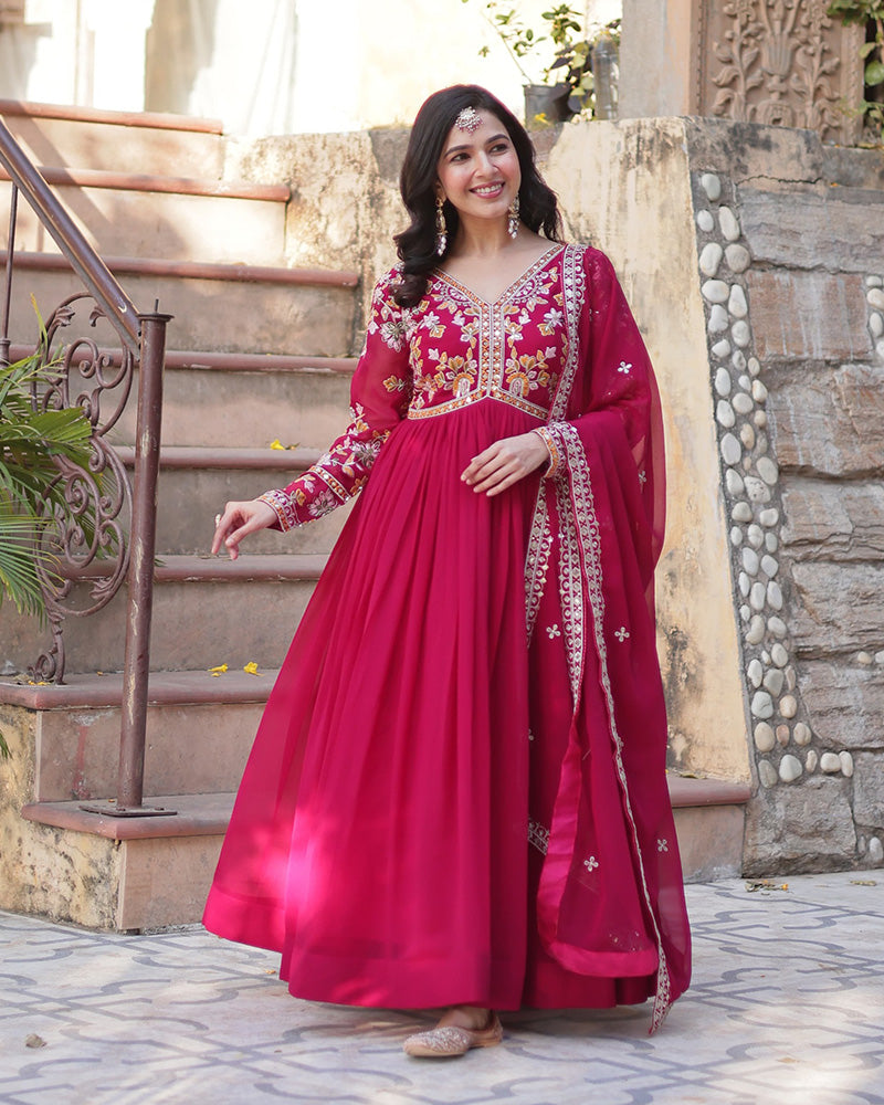 Rani Pink Color Faux Blooming Zari Embroidered Work Gown