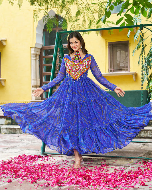 Festive Blue Ethnic Gown With Colorful Mirror Work