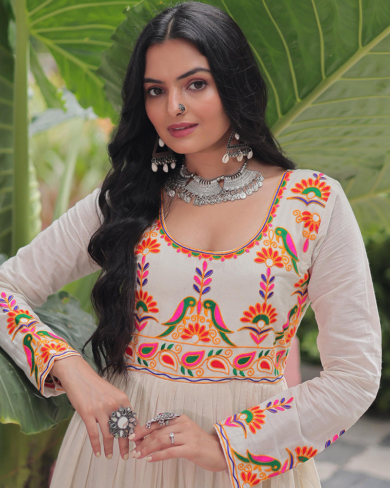 Off-White Kora Cotton Mirror-Embroidered Flared Navratri Gown