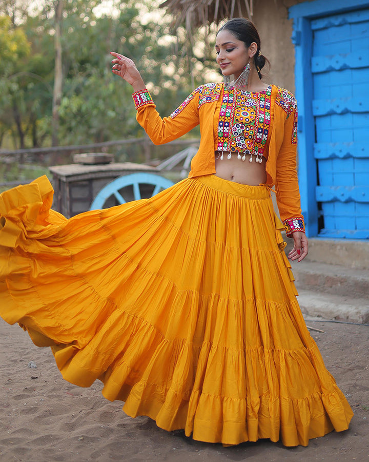 Mustard Color Rayon Embroidered Navratri Lehenga Choli