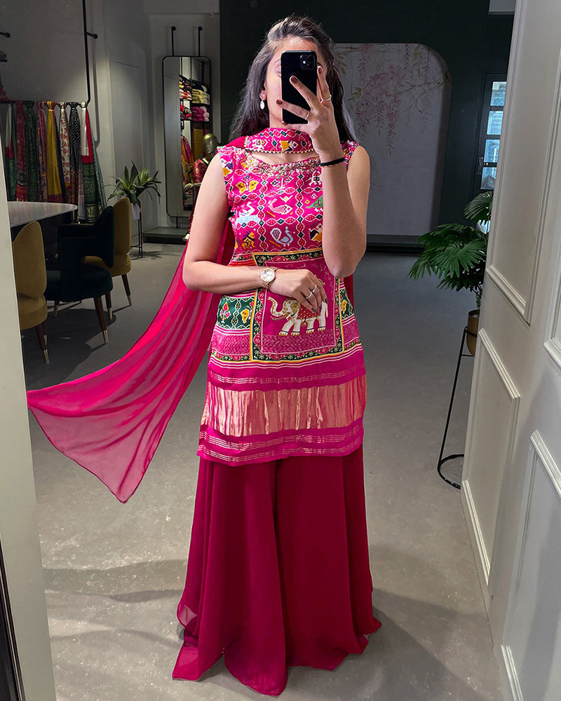 Rani Pink Color Gaji Silk Three Piece Sharara Suit