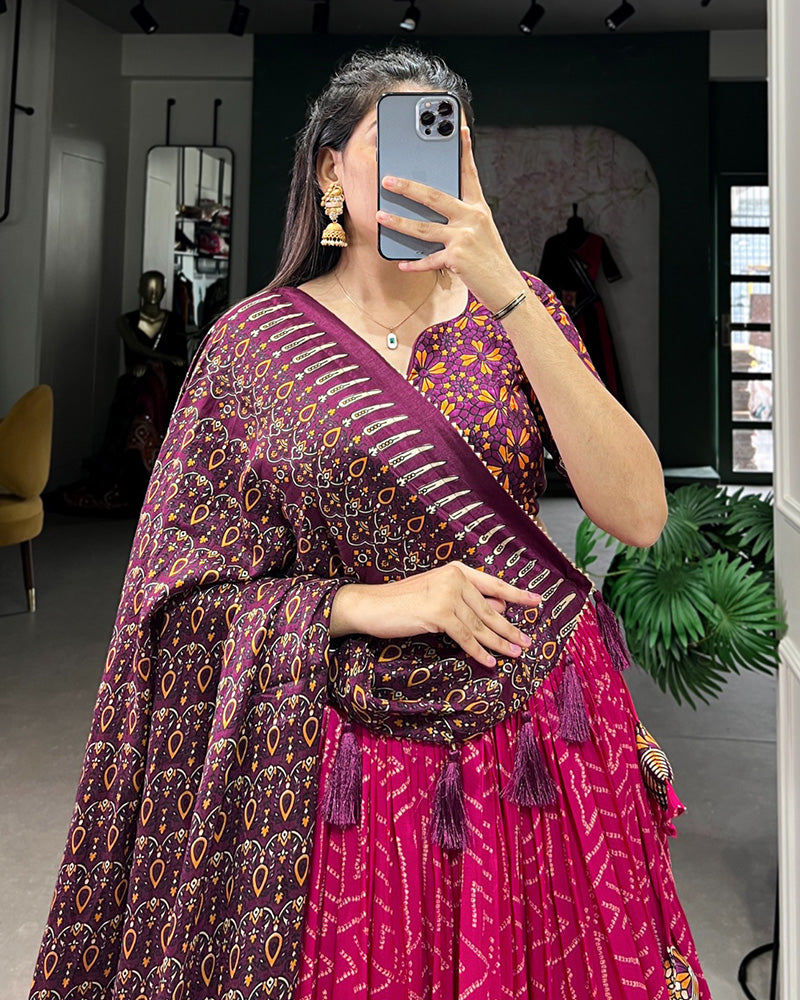 Pink Color Tussar Silk Bandhej Printed Navratri Lehenga Choli