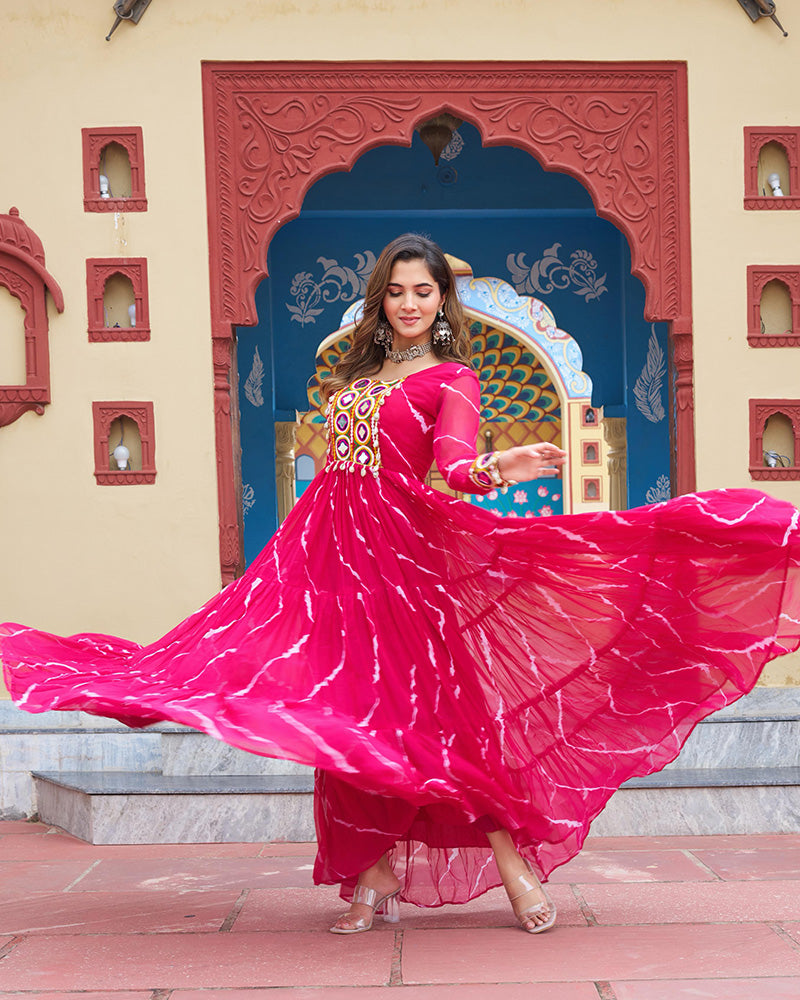 Rani Pink Color Georgette Laheriya Print Navratri Gown